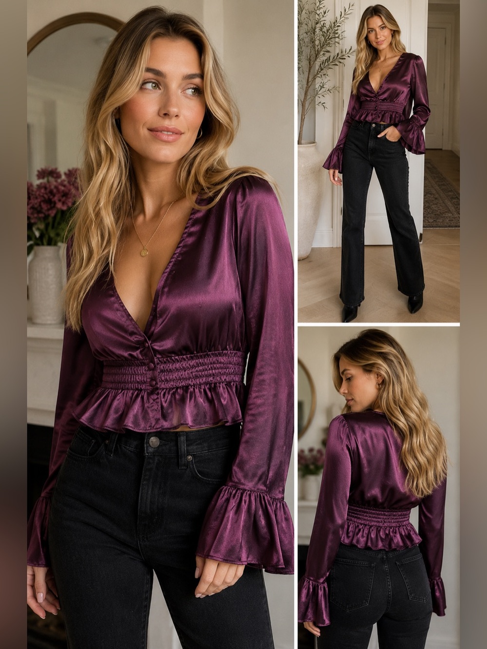 Free People Satin Plum Deep V Peplum Blouse
